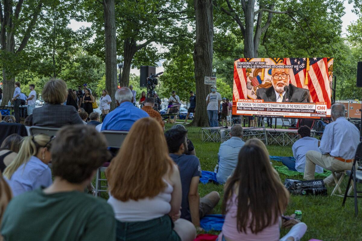 People on a lawn watch a big screen.
