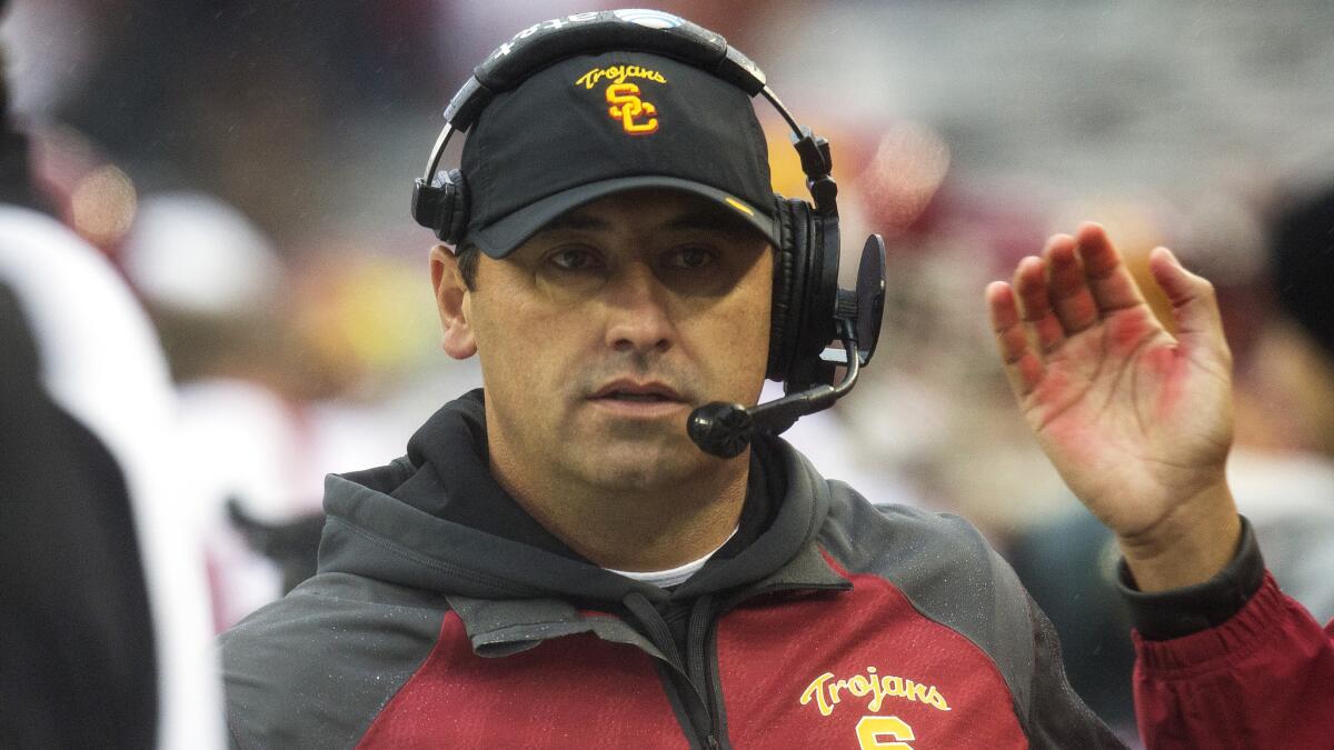 USC Coach Steve Sarkisian looks on during the Trojans' win over Washington State in Pullman, Wash., on Nov. 1, 2014.