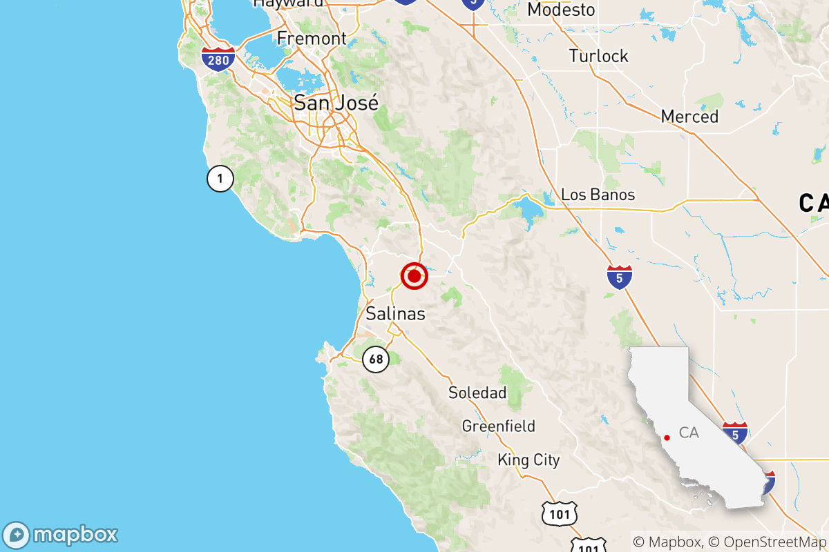 A map shows the earthquake reported Sunday at 11:05 a.m. one mile from Prunedale, Calif., according to USGS.