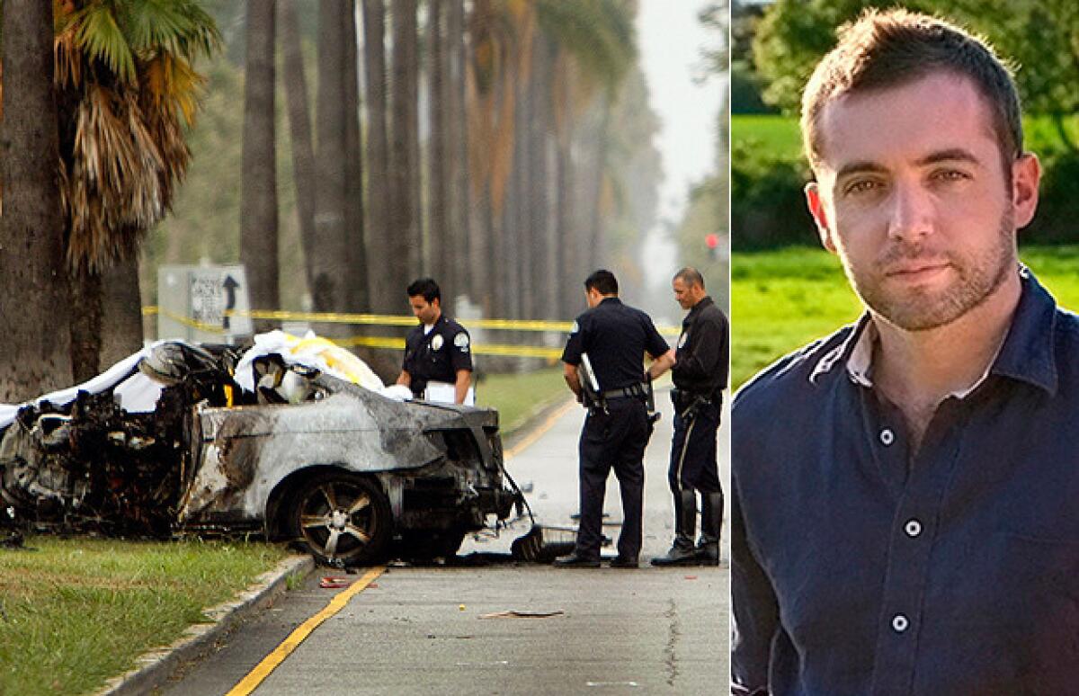 LAPD officers examine the scene of a car crash that killed journalist Michael Hastings, shown at right.