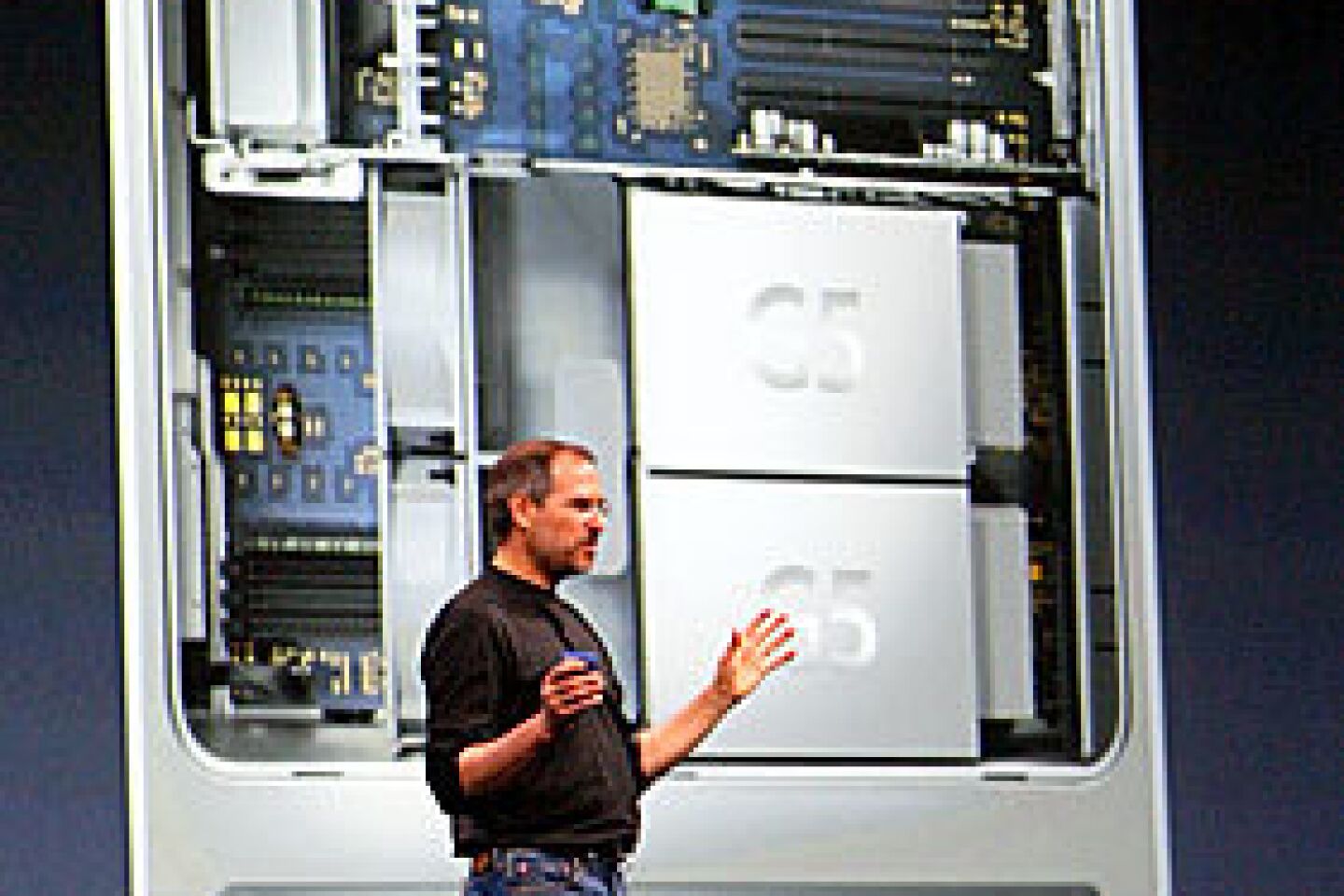 Steve Jobs delivers the keynote address at the Worldwide Developers Conference in San Francisco, announcing the new Power Mac G5 desktop computer.
