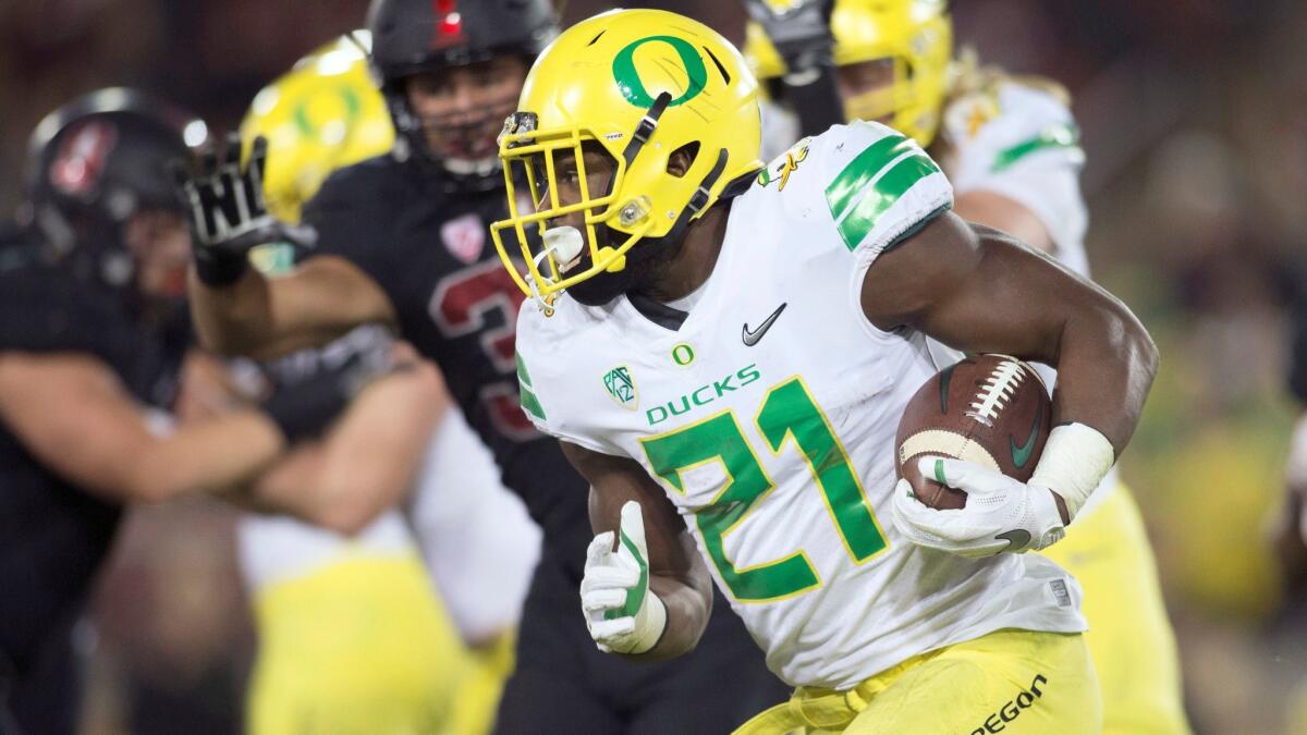 Oregon's Royce Freeman needs 140 yards to break LaMichael James’ school record of 5,082 career rushing yards.