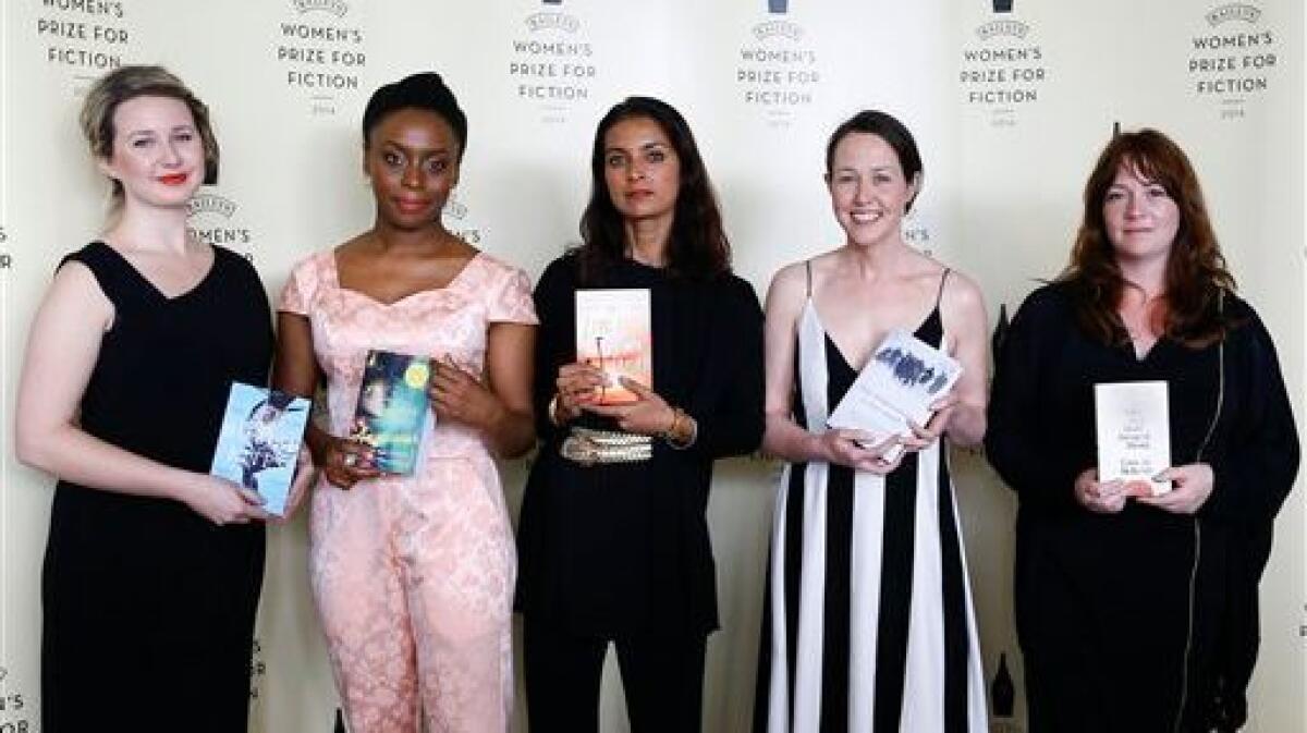 The 2014 finalists for the Baileys Women's Prize for Fiction, from left: Hannah Kent, Chimamanda Ngozi Adichie, Jhumpa Lahiri, Audrey Magee and Eimear McBride (not pictured, Donna Tartt).