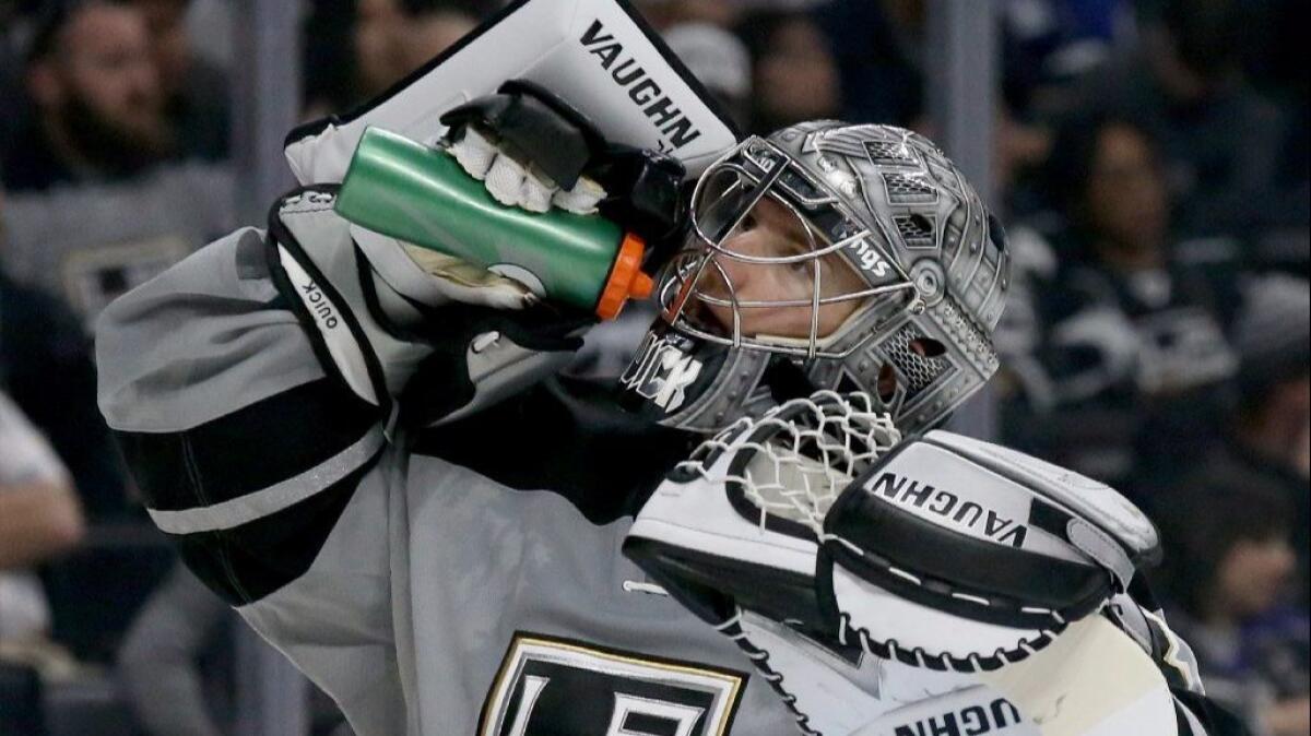 Jonathan Quick takes a quick break Saturday during his first game back from injury.