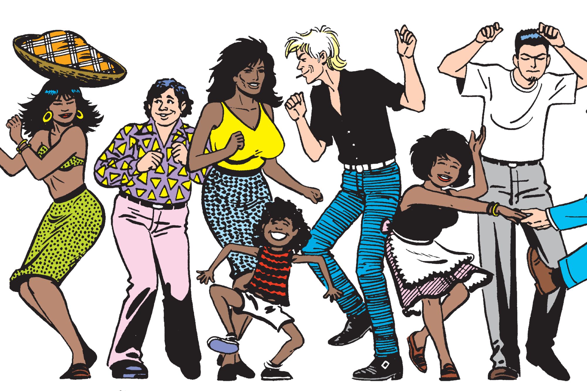 A full-color comics cover shows two rows of dancing figures — characters created by Los Bros Hernandez