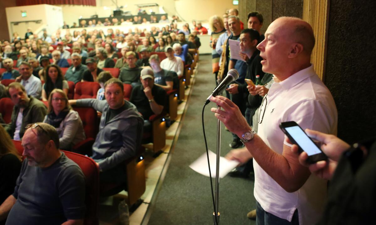 Dan Berkowitz holds the floor during a recent "town hall" meeting at the LGBT Center in Hollywood, in which L.A. theater folk discussed a controversial plan to require a $9 an hour minimum actors' wage in small theaters.