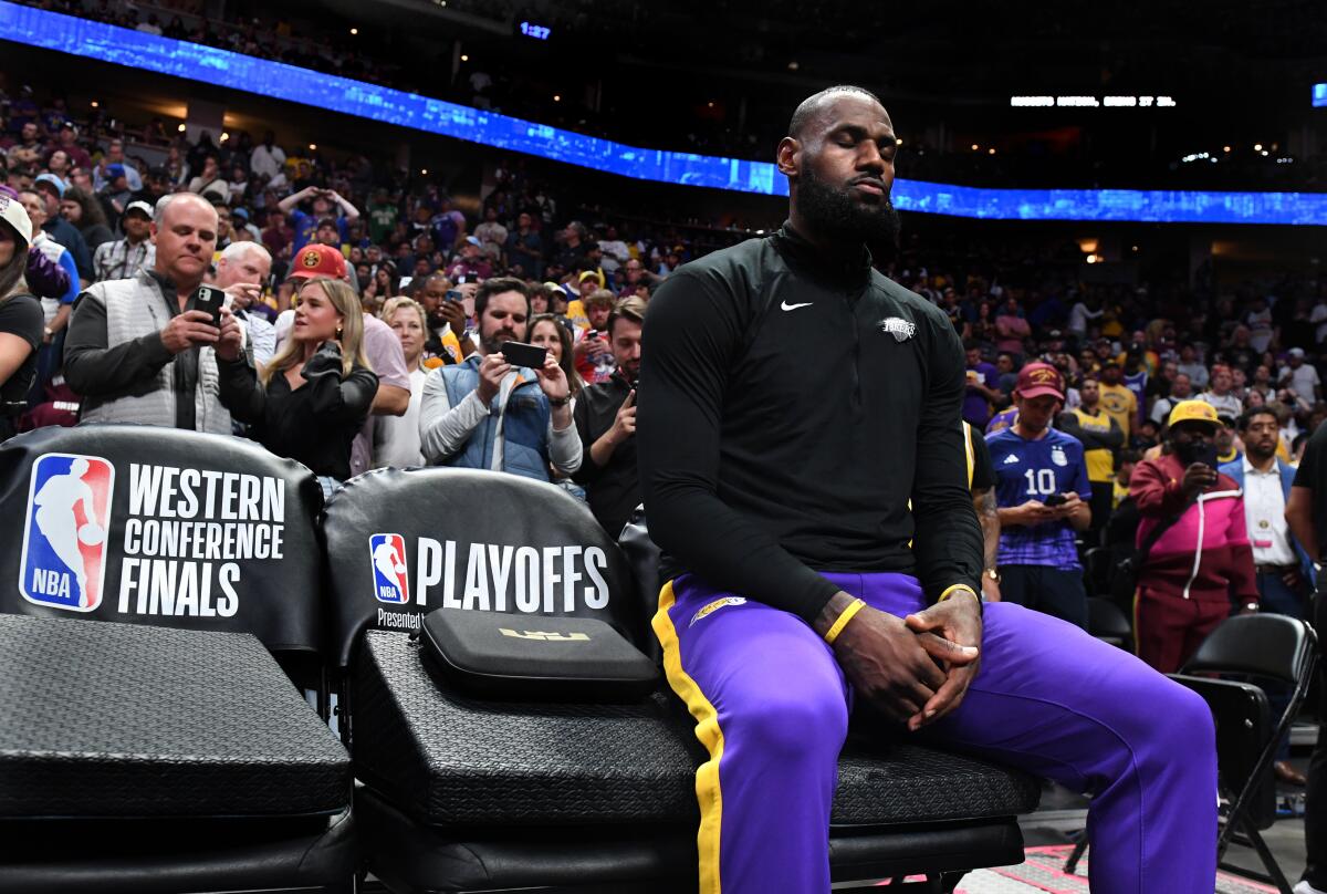 Lakers star LeBron James sits before pregame warmups ahead of Game 1 against the Denver Nuggets.