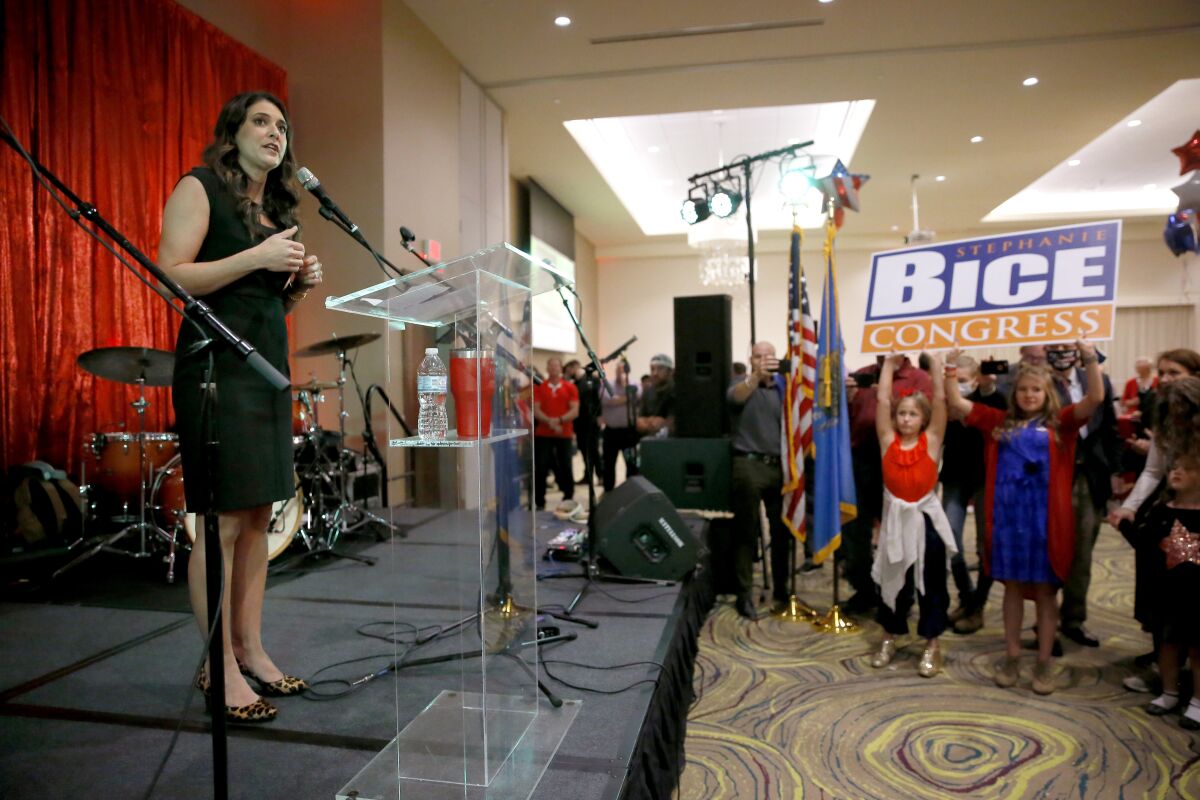 U.S. House candidate Stephanie Bice speaks during a Republican Party election night watch party in Edmond, Okla., Tuesday, Nov. 3, 2020. U.S. Rep. Kendra Horn, an Oklahoma City lawyer, faced Republican state Sen. Bice for the Oklahoma City-area House seat. (Bryan Terry/The Oklahoman via AP)