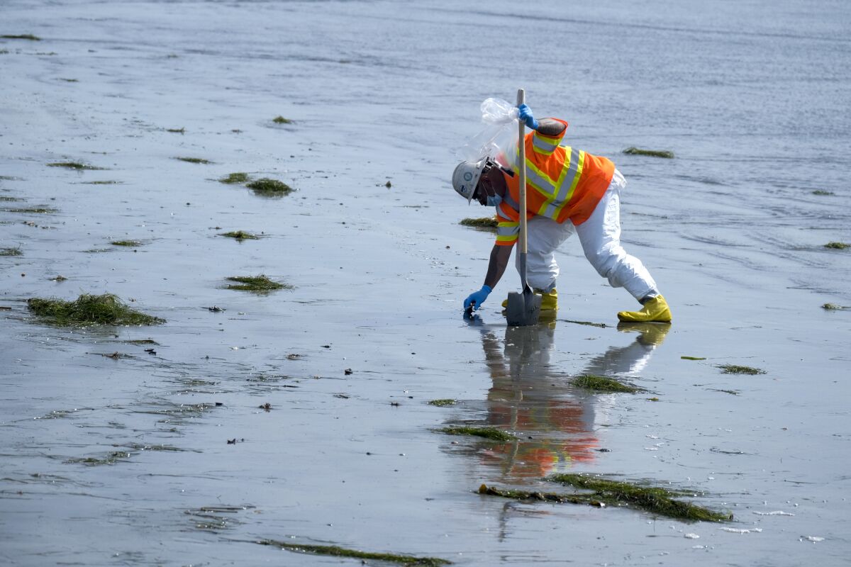 A worker in protective suit cleans the contaminated beach after an oil spill in Newport Beach, Calif., on Wednesday, Oct. 6, 2021. Some of the crude oil that spilled from a pipeline into the waters off Southern California has been breaking up naturally in ocean currents, a Coast Guard official said Wednesday as authorities sought to determine the scope of the damage. (AP Photo/Ringo H.W. Chiu)