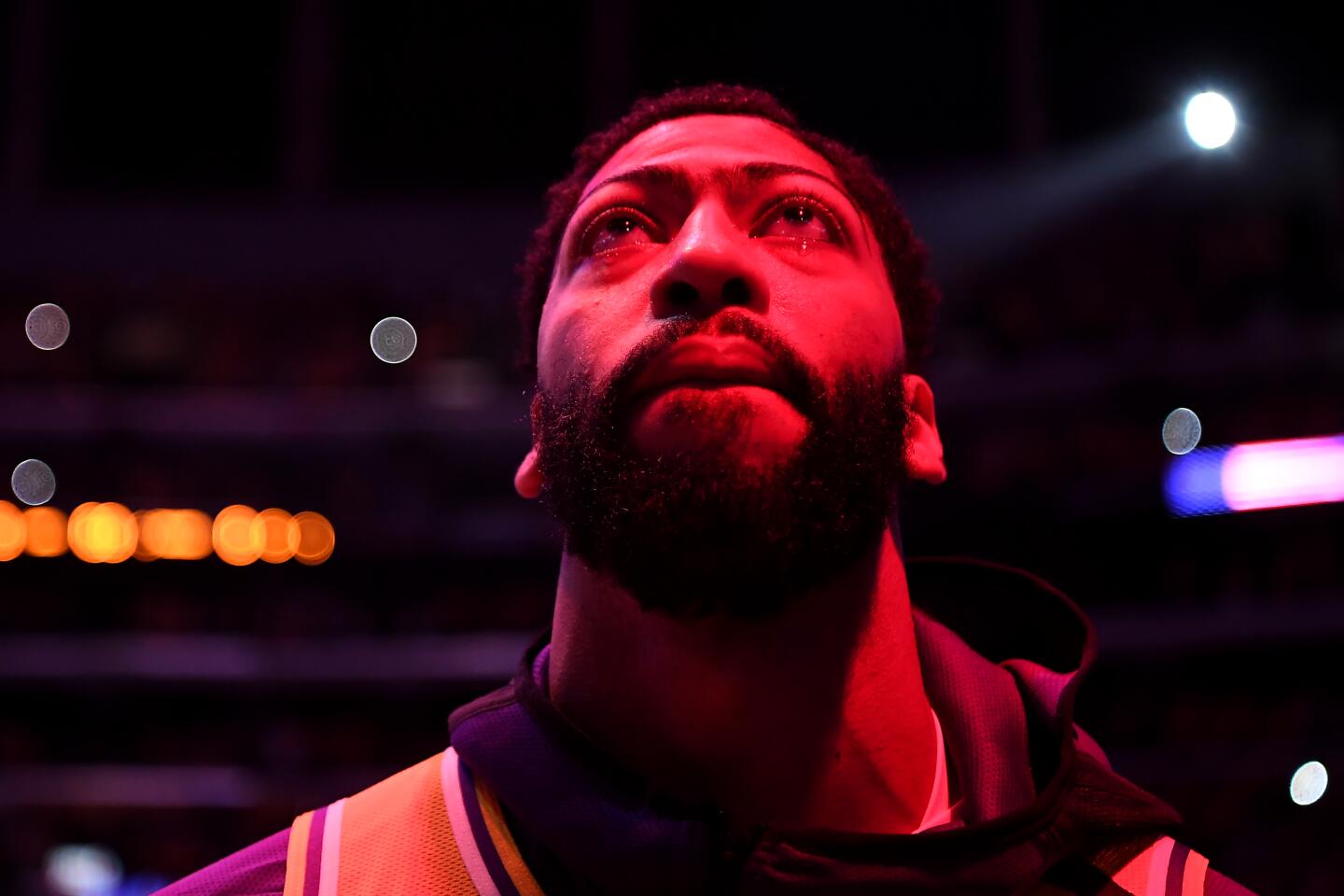 Anthony Davis sheds a tear during the national anthem on a night the Lakers honored the life of Kobe Bryant at Staples Center following his death in a helicopter crash.