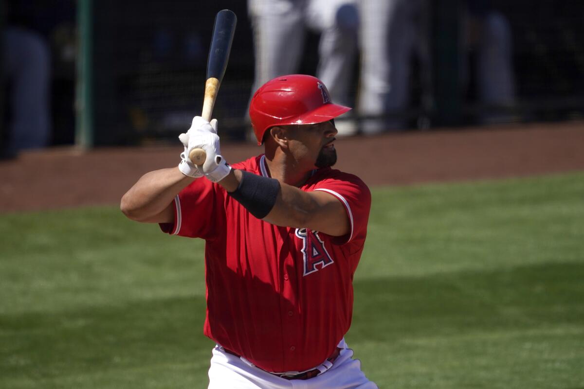 Albert Pujols bats during a game for the Angels.