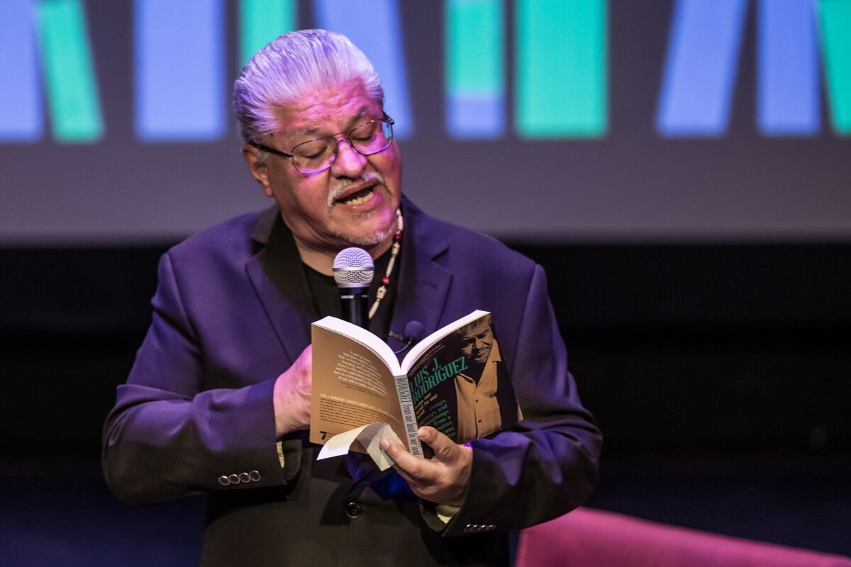 Poet Luis Rodriguez speaking at the Colony Theatre in Burbank during the L.A. Times Book Club event.
