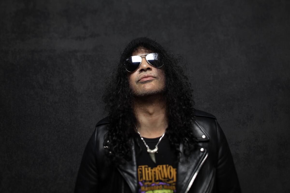 Saul Hudson, better known by his stage name Slash and the former lead guitarist of the hard rock band Guns N' Roses, at the L.A. Times photo & video studio Jan. 25, 2015.