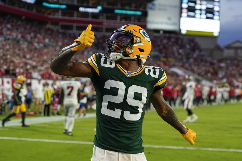 Green Bay Packers' Rasul Douglas reacts after a failed two-point conversion attempt by Tampa Bay Buccaneers during the second half of an NFL football game Sunday, Sept. 25, 2022, in Tampa, Fla. The Packers won 14-12. (AP Photo/Chris O'Meara)