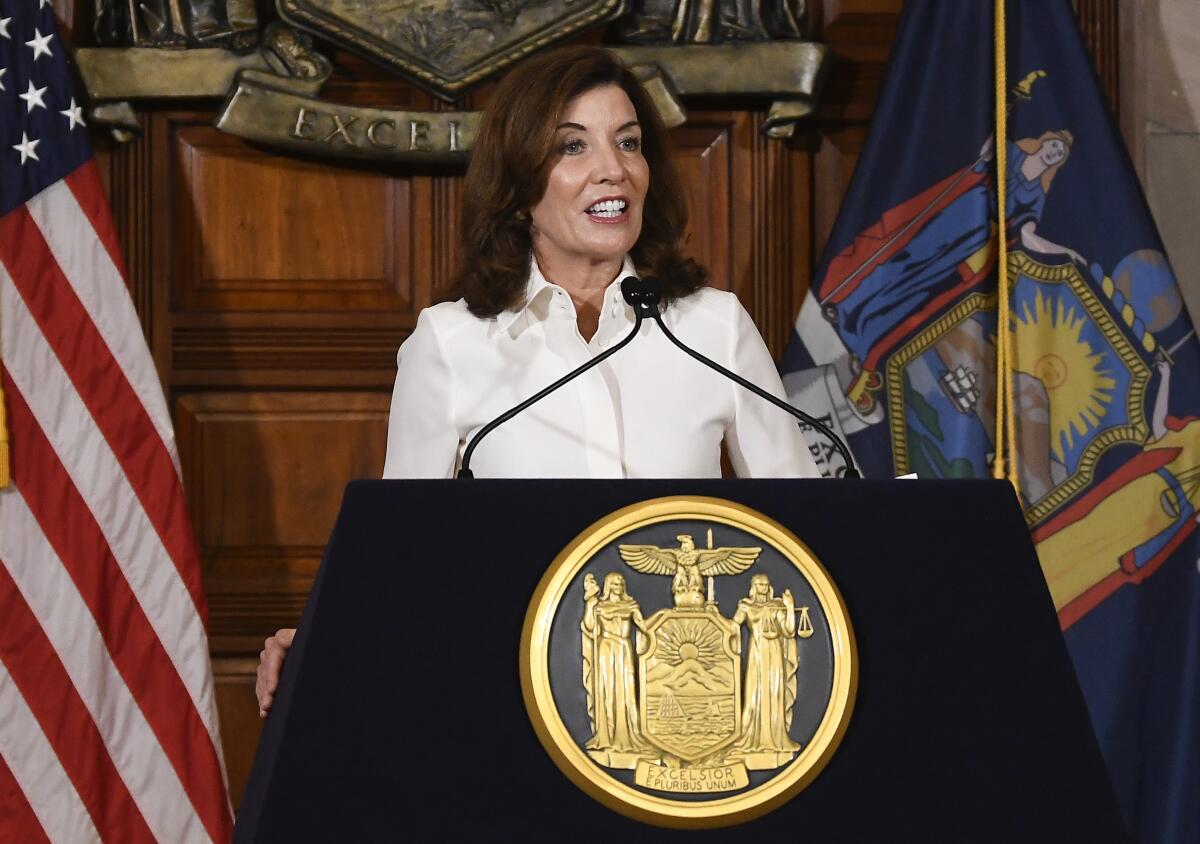 New York Gov. Kathy Hochul speaks to reporters after a ceremonial swearing-in ceremony 