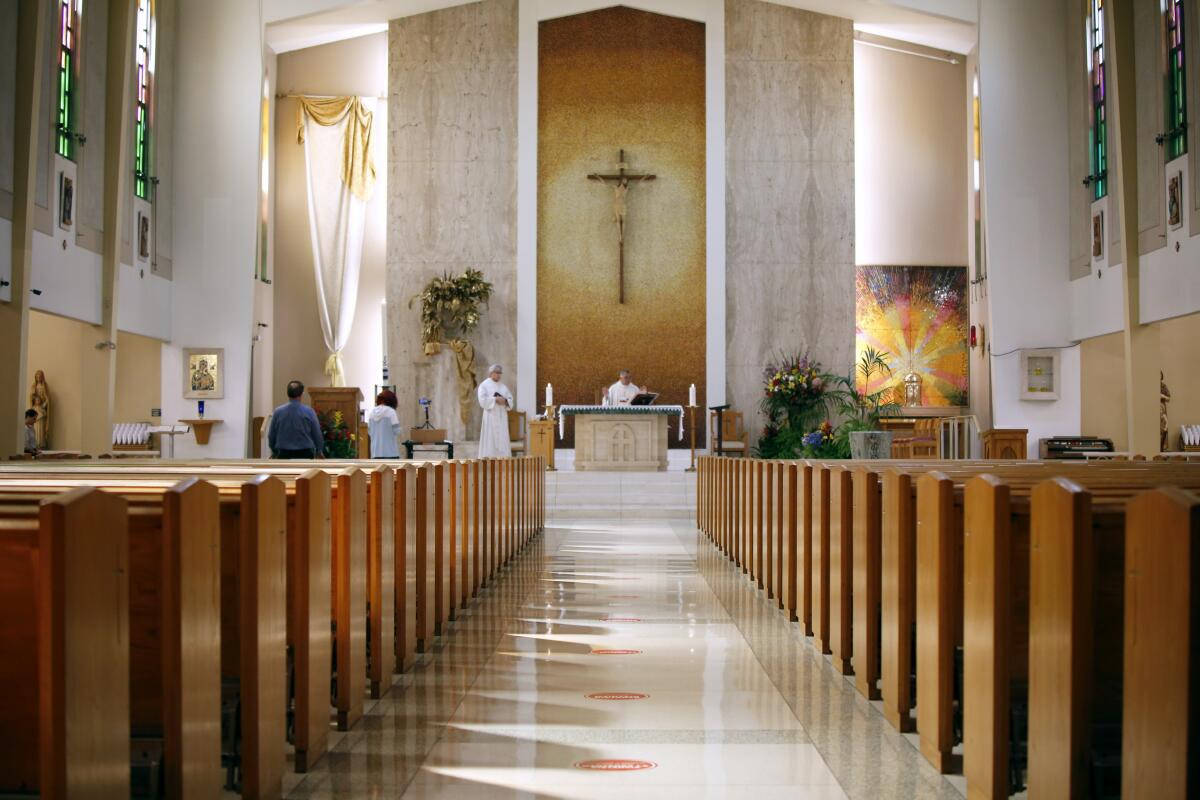 St. Joachim Catholic Church, pictured during a May 2020 virtual Mass, can seat up to 750 parishioners.