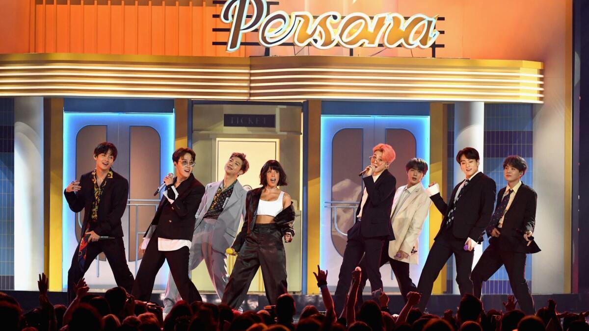 Halsey, center, and BTS perform at the 2019 Billboard Music Awards at MGM Grand Garden Arena in Las Vegas on May 1.