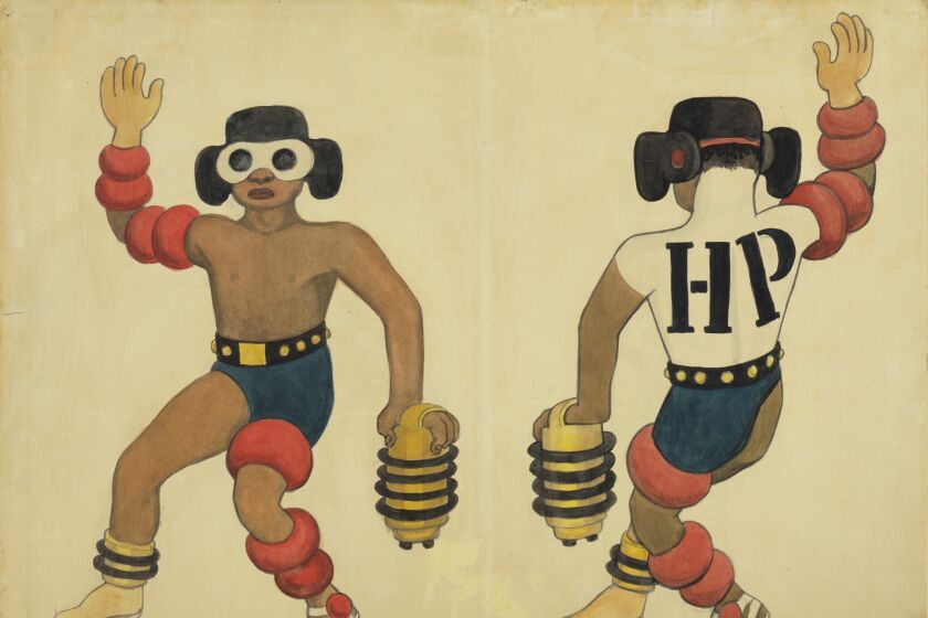 In a drawing by Diego Rivera, a dancer wears a space-age costume with rings around one leg and a hat with large lenses