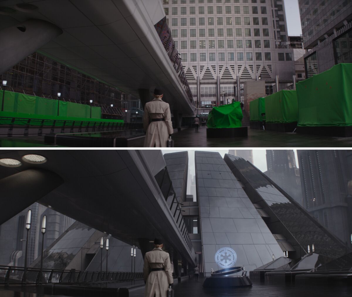 Above: A woman walks towards a building. Bottom: Same shot, same woman, but the building and its surroundings have changed.