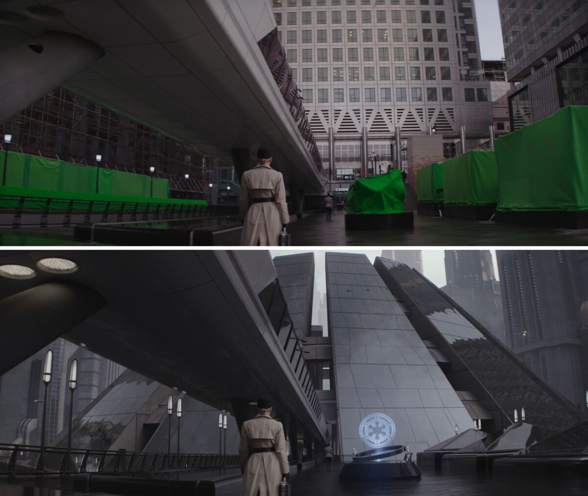 Top: A woman walks toward a building. Bottom: Same shot, same woman, but the building and its surroundings are changed.