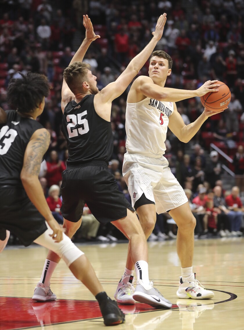SDSU forward Yanni Wetzell looks to pass while covered by Grand Canyon's Alessandro Lever in Wednesday's 86-61 Aztecs win.