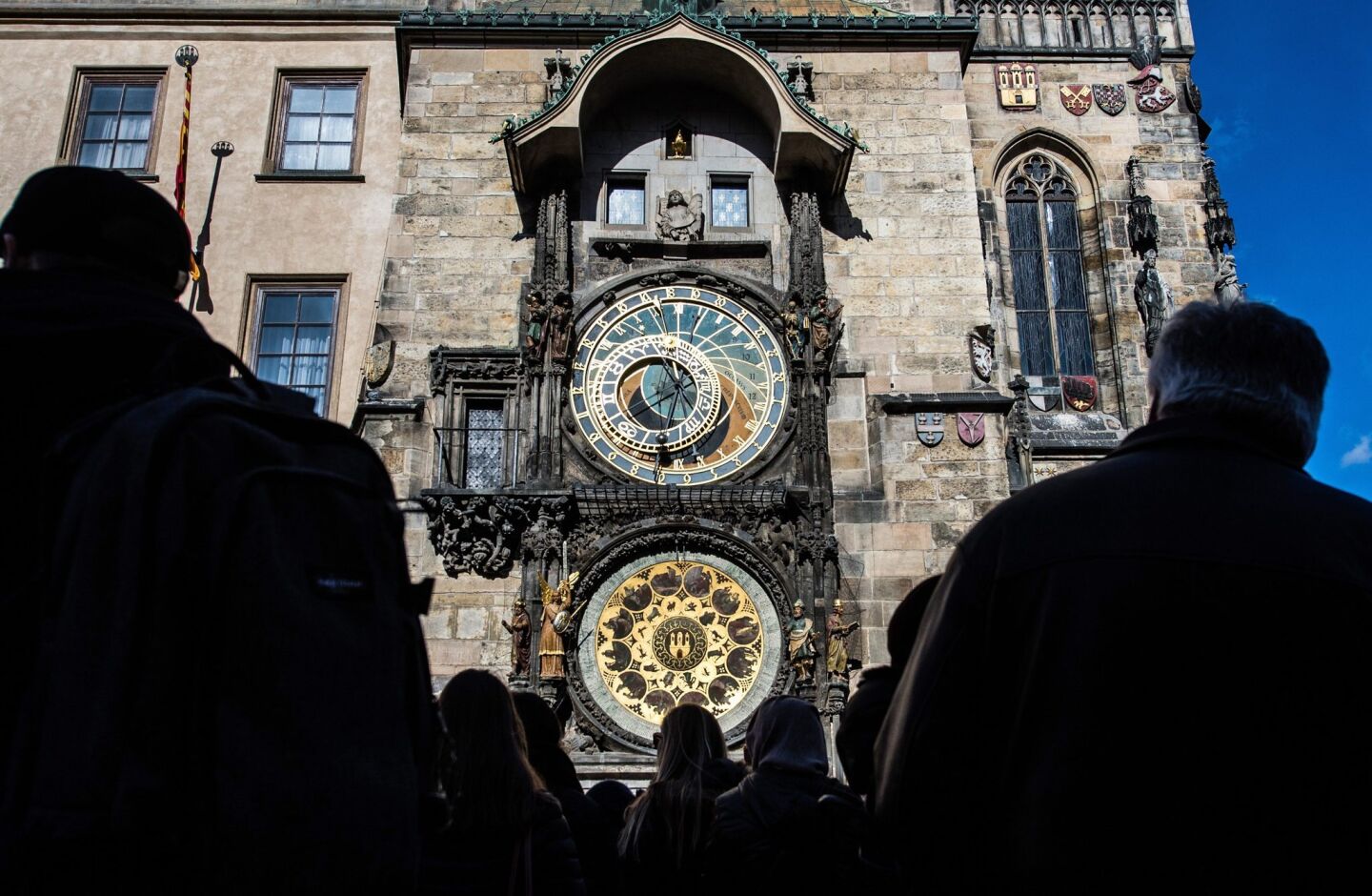 Built in 1410, the apparatus is the world's oldest functioning astronomical clock. It adorns the facade of the Old Town Hall of Prague's Old Town Square. The clock's astronomical dial tracks the motion of the sun, moon and stars. Above the dial, statues of the 12 apostles appear at the hour every hour from 9 a.m. to 9 p.m. More photos...