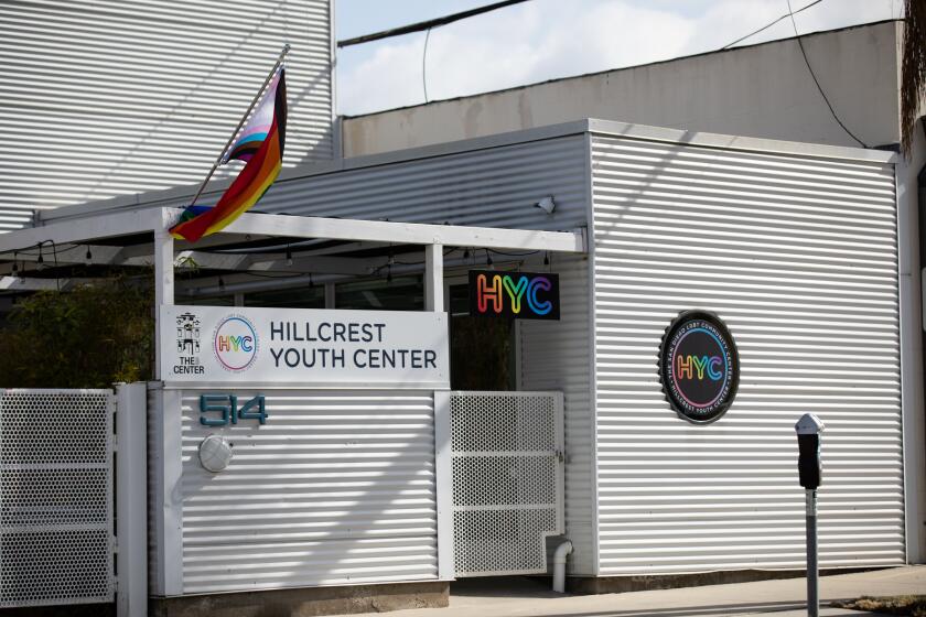 The facade of The San Diego LGBT Community Center’s new Hillcrest Youth Center located on Pennsylvania Avenue between Fifth and Sixth Avenues in Hillcrest, as seen on Friday, April 14, 2023. The two-story facility includes a lounge, community closet, sexual awareness and HIV testing room and more.