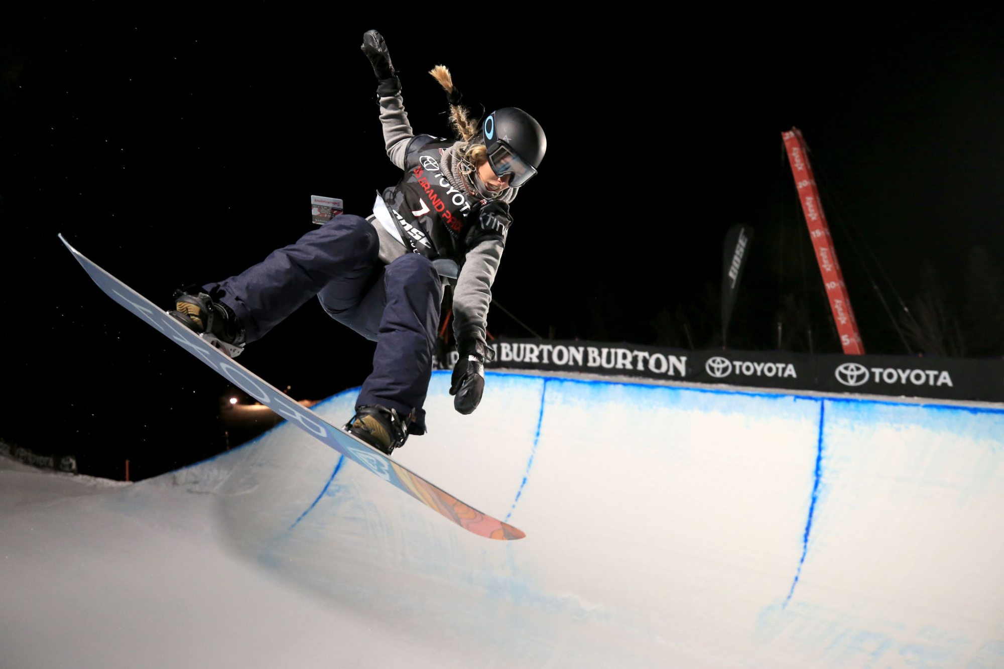 Maddie Mastro competes on the halfpipe during a Toyota United States Grand Prix event at Mammoth Mountain in January 2018.