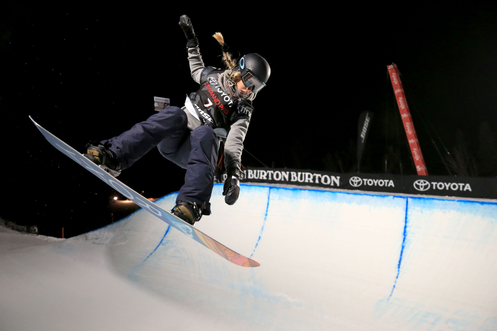 Maddie Mastro competes on the halfpipe during a Toyota U.S. Grand Prix event at Mammoth Mountain in January 2018.