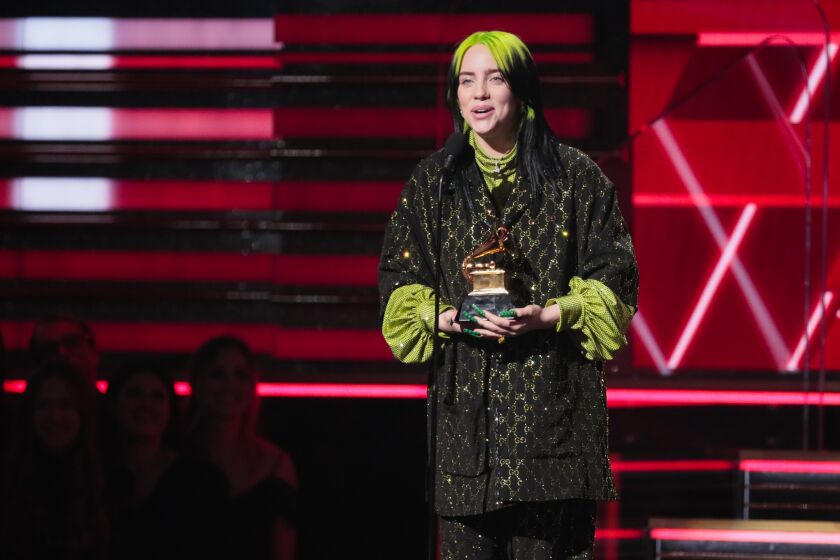 LOS ANGELES, CA - January 26, 2020: Billie Eilish at the 62nd GRAMMY Awards at STAPLES Center in Los Angeles, CA. (Robert Gauthier / Los Angeles Times)