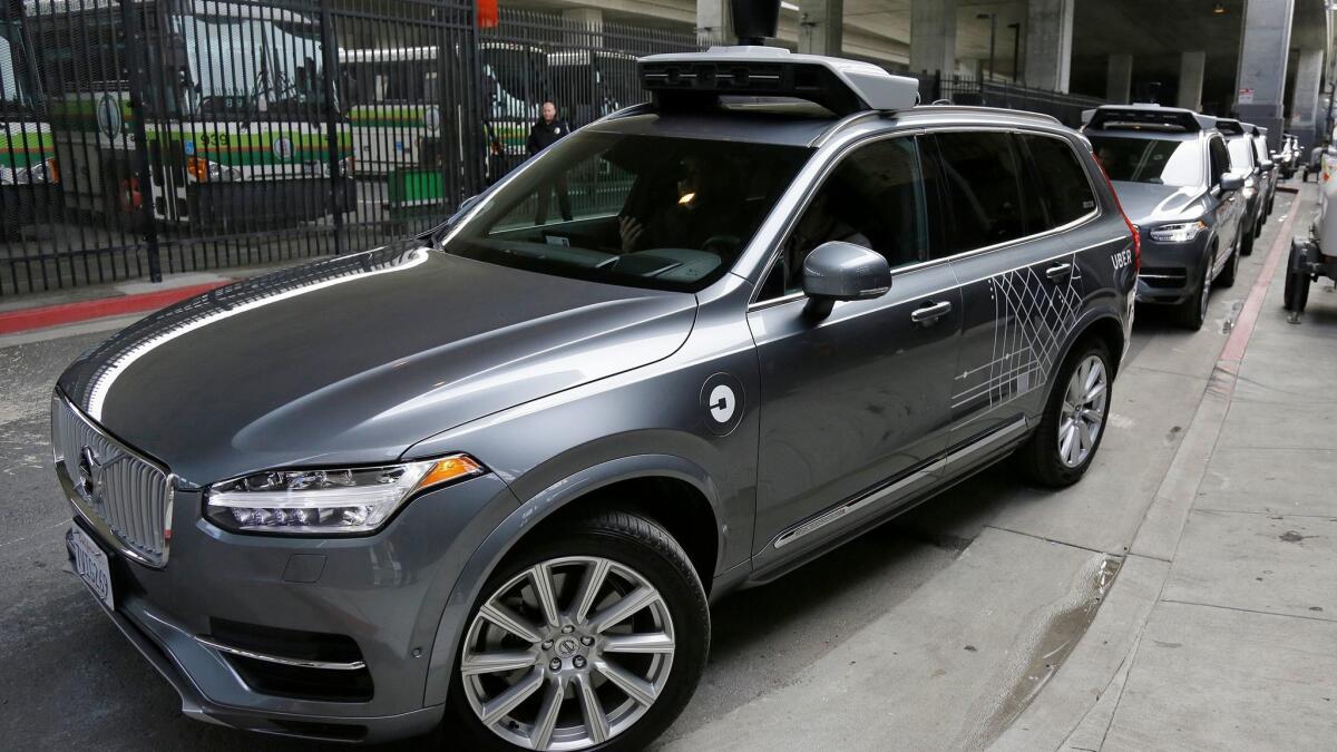 An Uber driverless car heads out for a test drive in San Francisco in December.
