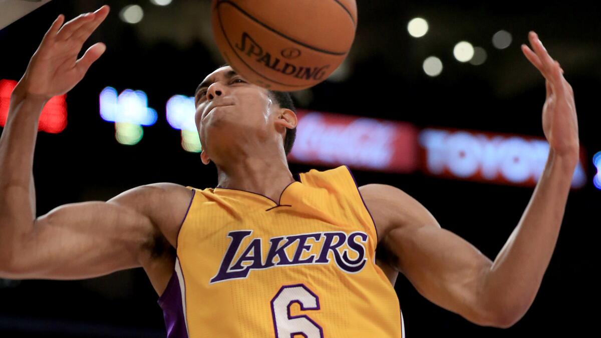 Lakers guard Jordan Clarkson dunks during a win over the Golden State Warriors on Dec. 23.