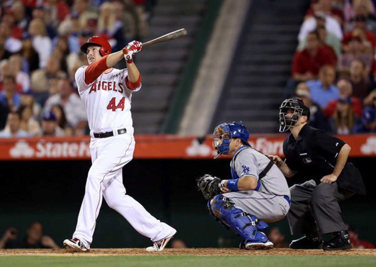 Mark Trumbo blasts a two-run home run against the Dodgers at Angel Stadium in May.