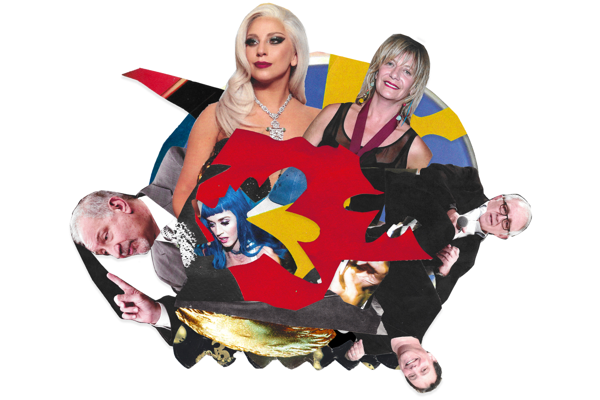 A wheel of photos of Lady Gaga, Katy Perry, Mark Geragos, Kenny Meiselas, Irving Azoff, Pebe Sebert