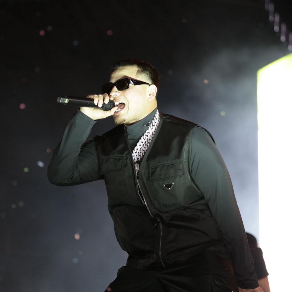 A person in sunglasses and dark clothes sings into a microphone.