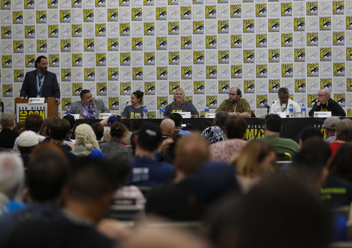 On Sunday at Comic-Con International, Comic-Con Now panelists discuss putting on the annual show. From left: Eddie Ibrahim, David Glanzer, Maija Gates, Robin Donlan, Mark Yturralde, Justin Datta and Gary Sassaman.