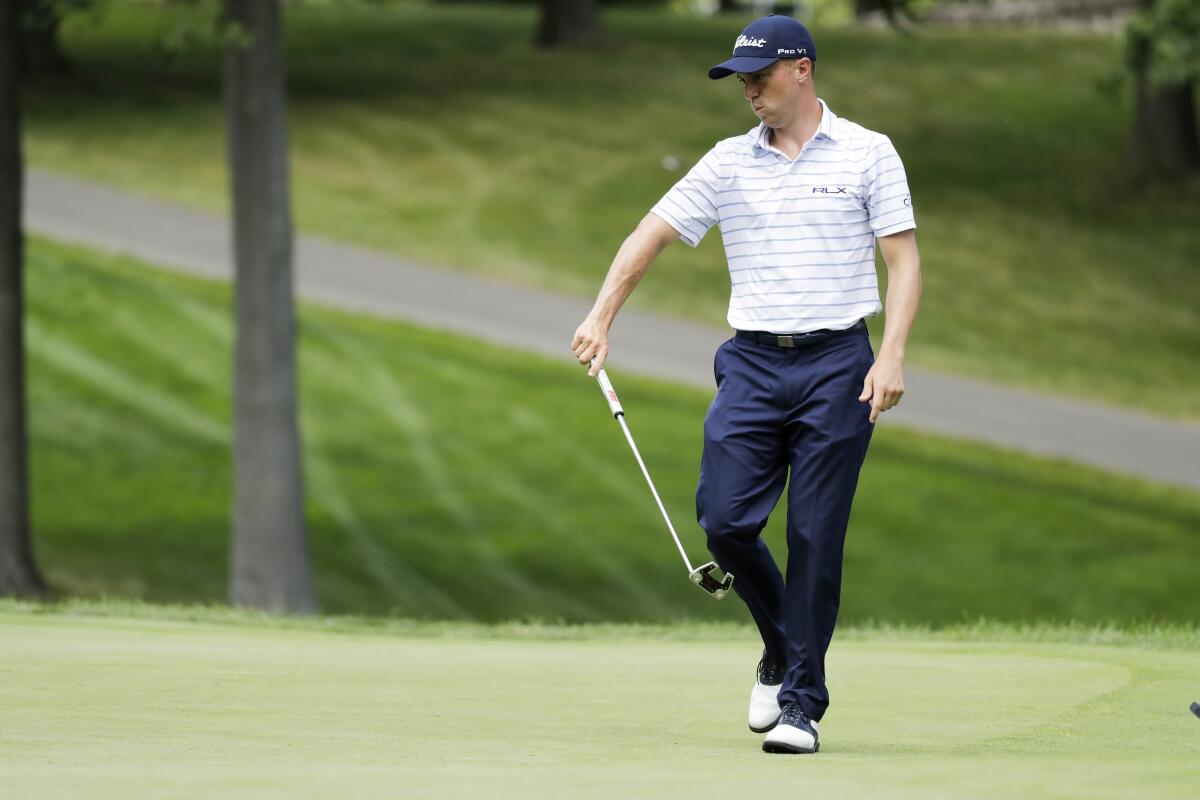 Justin Thomas reacts to a putt on the eighth green during the third round of the Workday Charity Open on July 11, 2020.