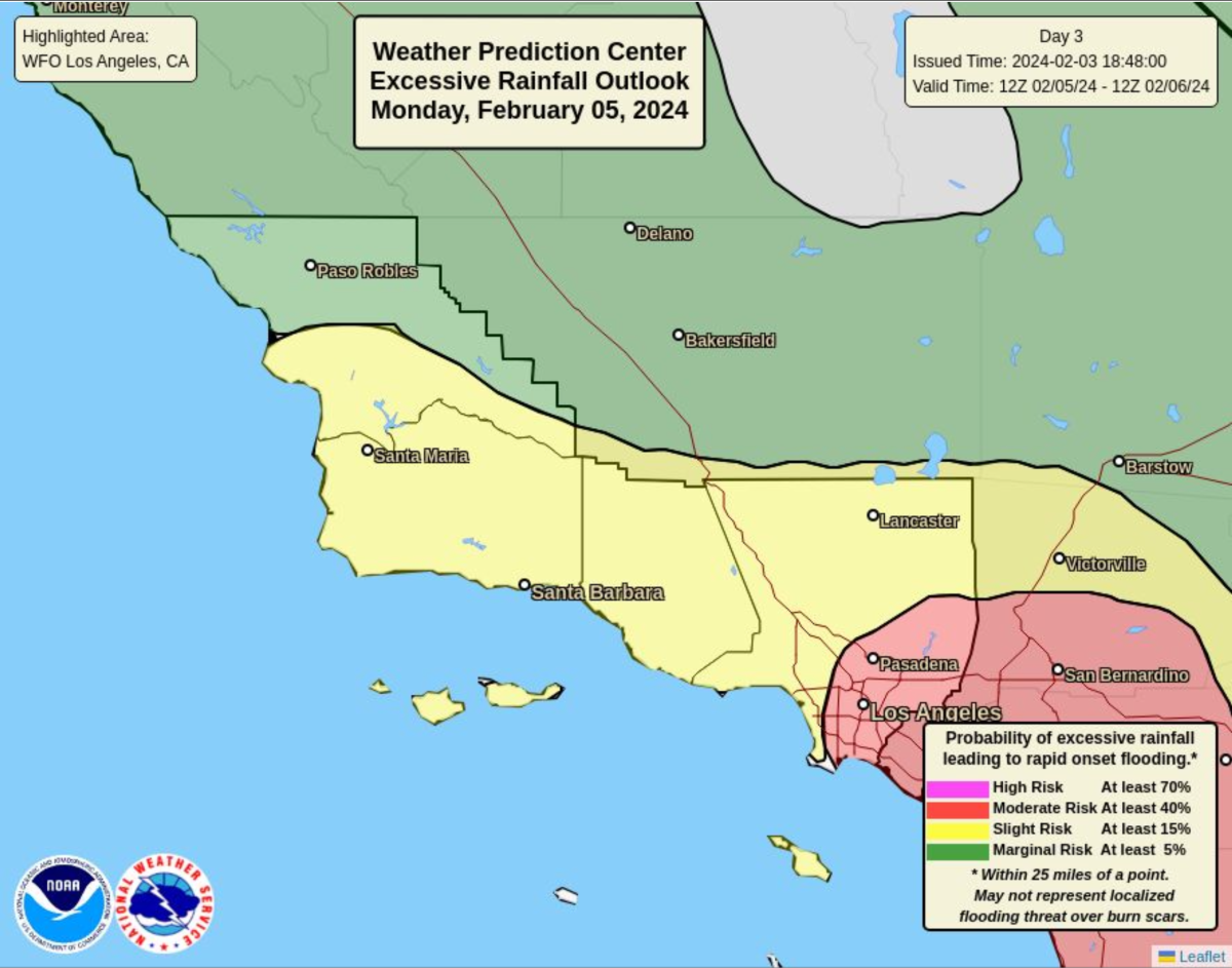 A color-coded weather map of Southern California