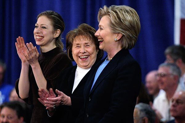 Then-Democratic presidential candidate Sen. Hillary Clinton (D-N.Y.) stands with her mother Dorothy Rodham, center, and daughter Chelsea Clinton, left, as they are introduced during a campaign stop at the Gateway Hotel Jan. 1, 2008, in Ames, Iowa. A statement released by the Clinton Foundation announced that Dorothy Rodham died early Tuesday in Washington, D.C. See obituary