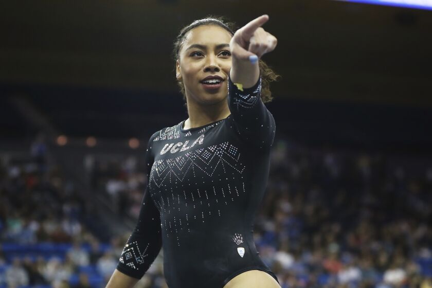 Margzetta Frazier during an NCAA college gymnastics match, Friday, Jan. 4, 2019, in Los Angeles.