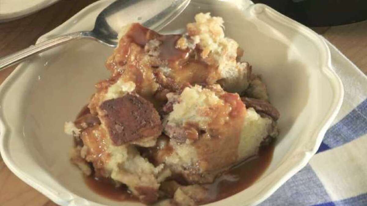 This is one dessert you make in the slow cooker. Recipe: White chocolate bread pudding with whiskey caramel sauce