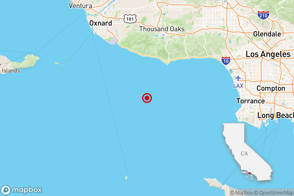 Map showing the epicenter of an earthquake off the Malibu coast.