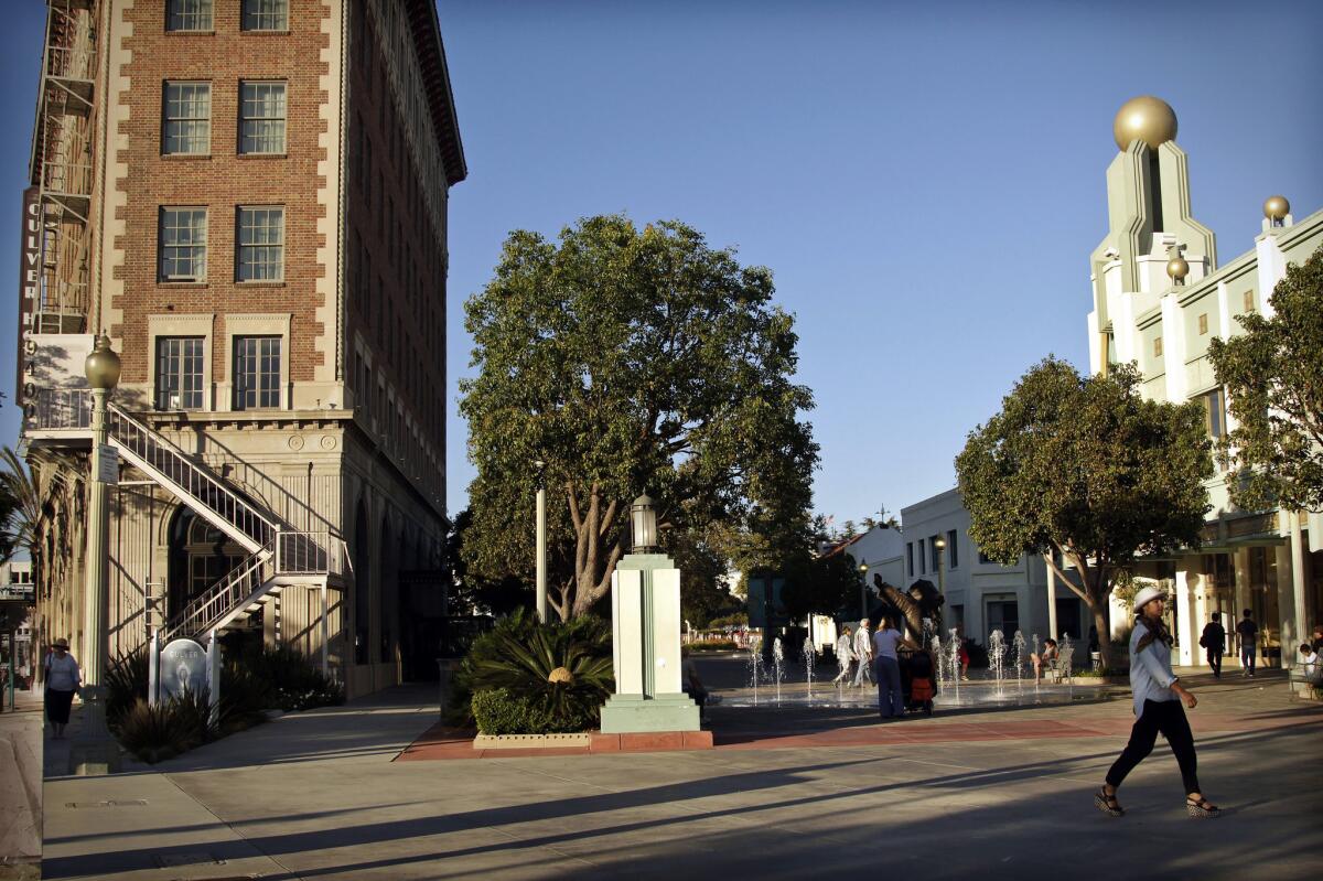 Town Plaza in historic Culver City, with the Culver Hotel and Pacific Theatre.
