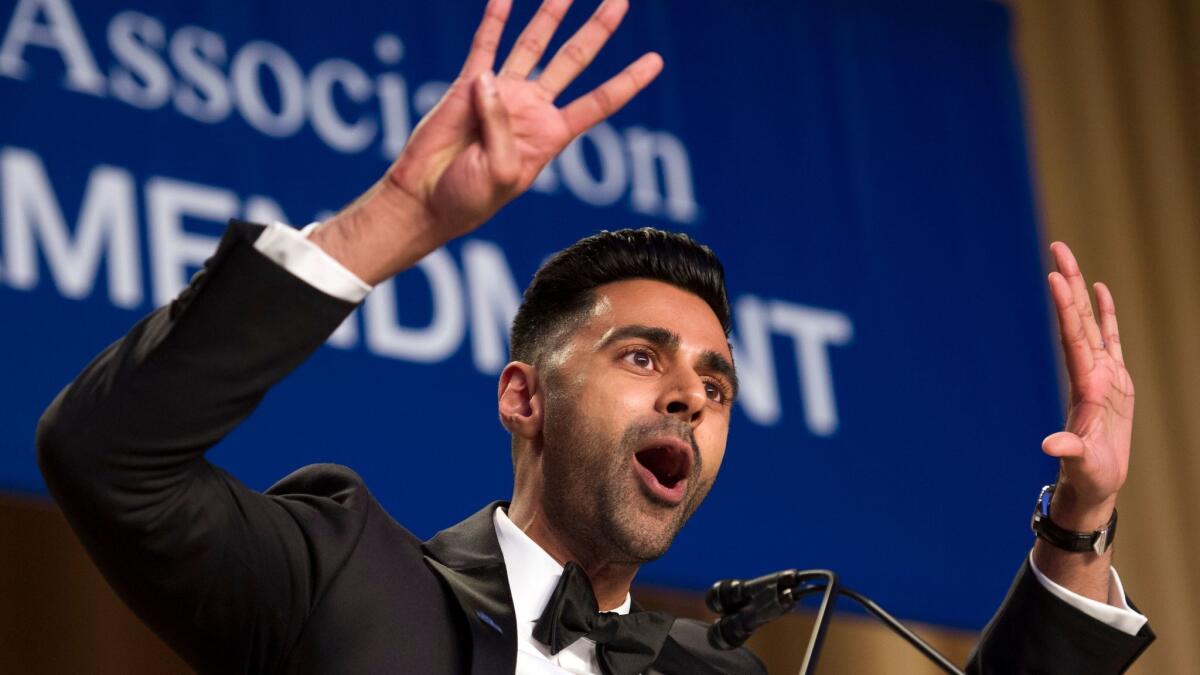 Hasan Minhaj of Comedy Central's "The Daily Show with Trevor Noah" entertains guests at the White House Correspondents' Dinner in Washington Saturday.