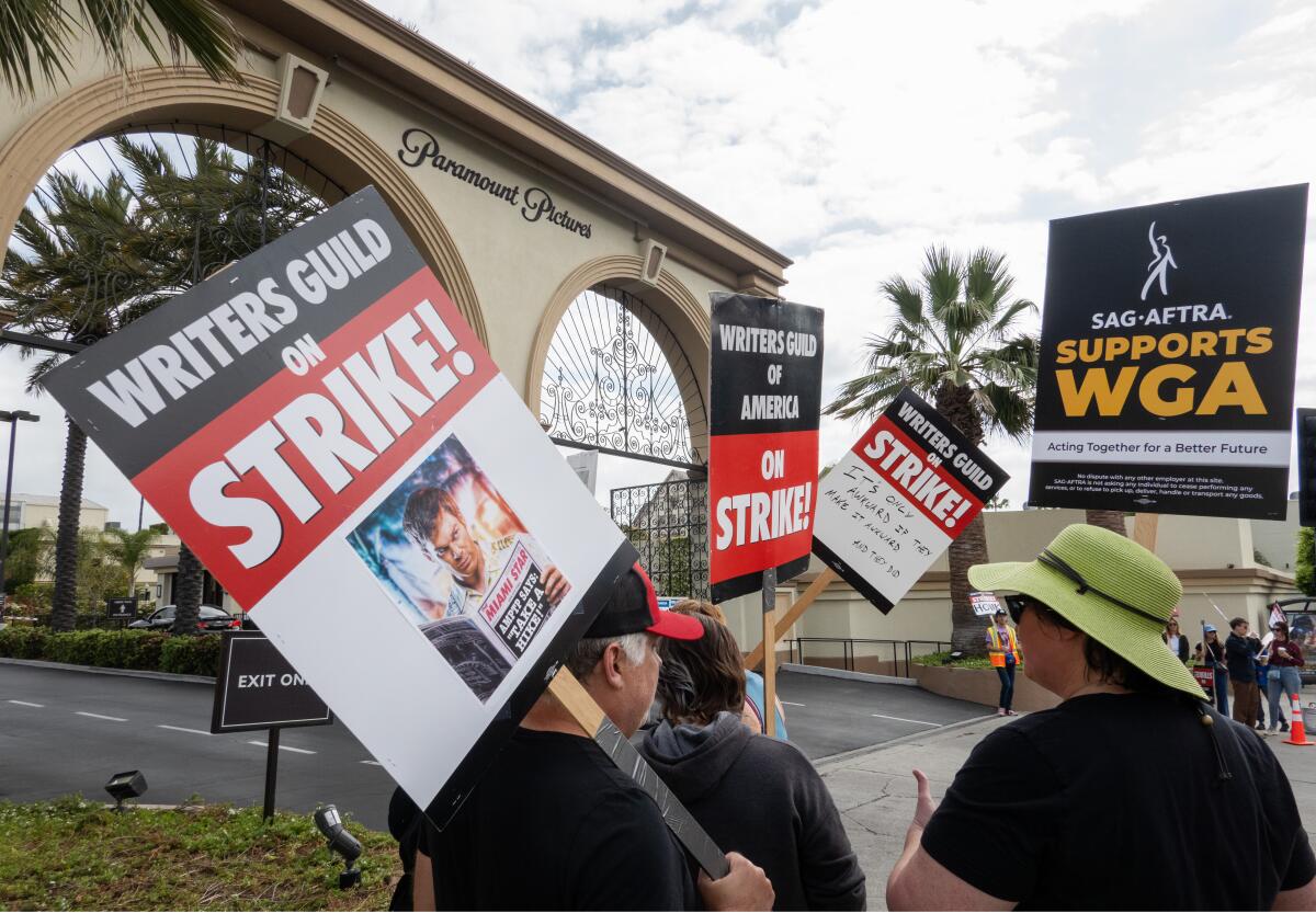 Striking writers and SAG-AFTRA supporters in front of Paramount studios