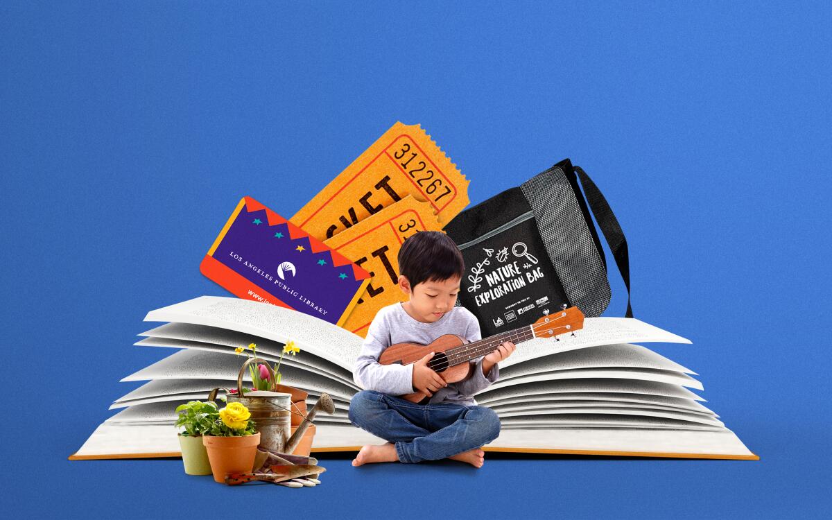 A child sits strumming a ukulele in front of a collage of a library card, potted plants, tickets and nature exploration bag