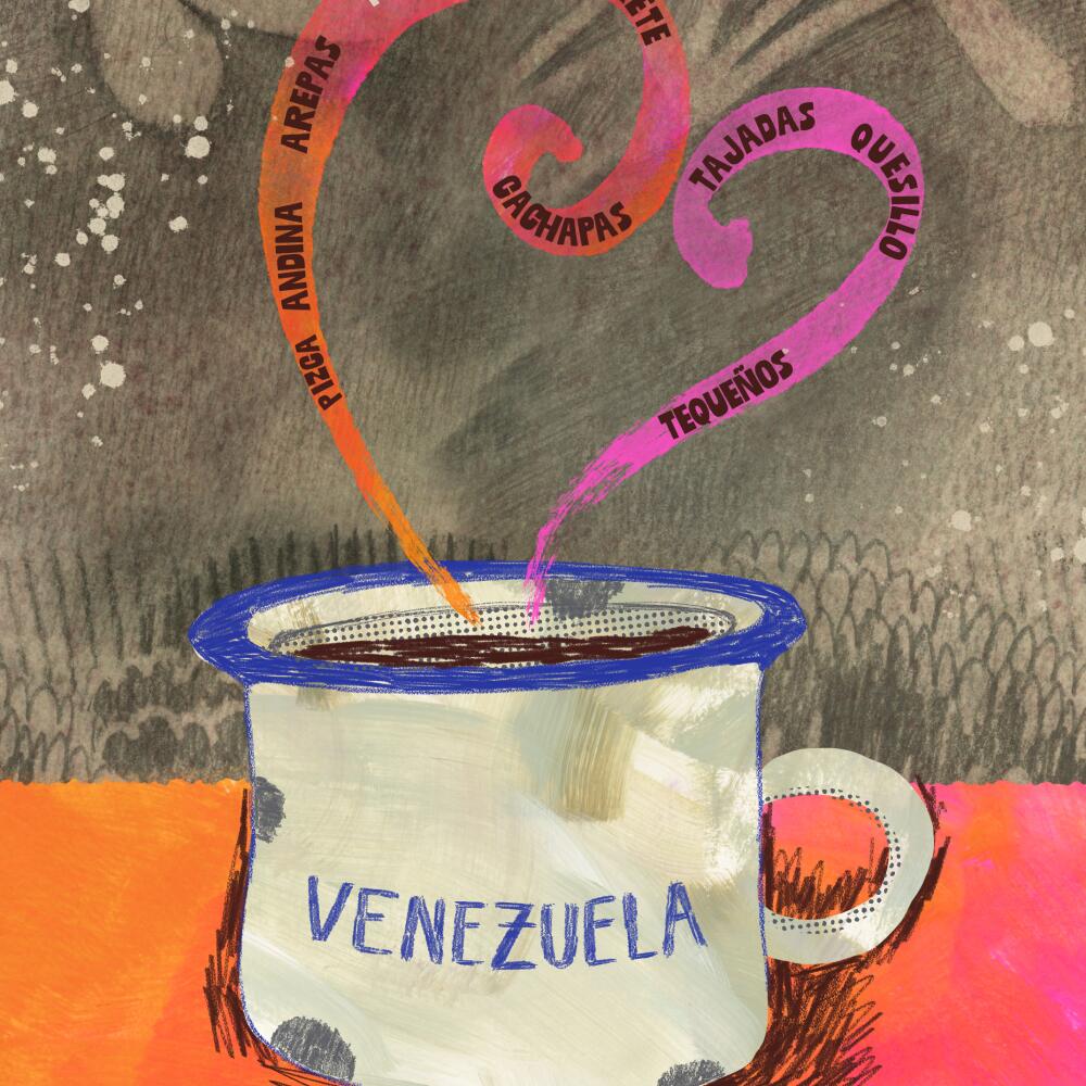 Illustration of a cup of coffee with "Venezuela" written on the mug 