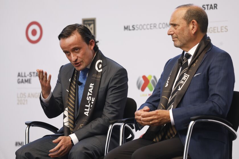 LOS ANGELES, CA - JUNE 09: Don Garber, right, Commissioner of Major League Soccer MLS with Mikel Arriola, left, LIGA MX Executive President, announce the MLS All-Star Game will be played at the Banc of California Stadium in Los Angeles. Banc of California Stadium on Wednesday, June 9, 2021 in Los Angeles, CA. (Al Seib / Los Angeles Times).
