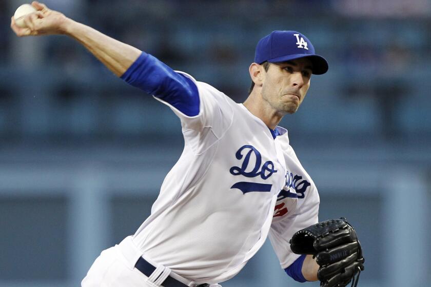 Dodgers starting pitcher Brandon McCarthy delivers a pitch during a game against the Padres on April 8, 2015.