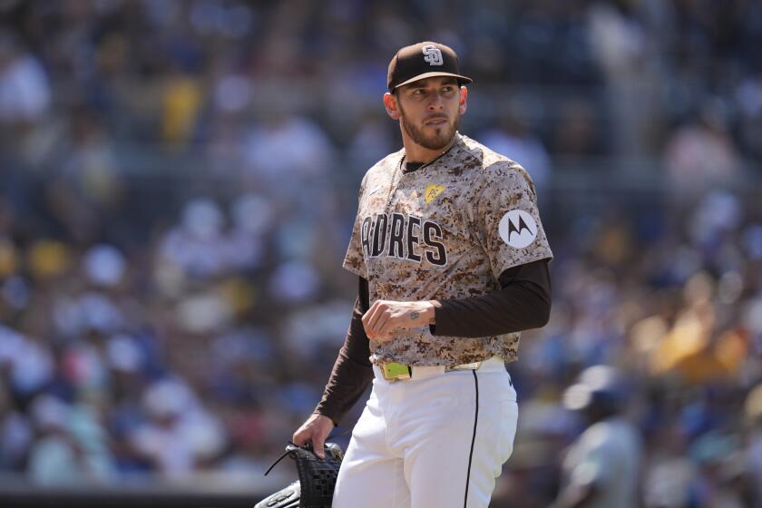 San Diego Padres starting pitcher Joe Musgrove during the sixth inning of a baseball game against the Toronto Blue Jays, Sunday, April 21, 2024, in San Diego. (AP Photo/Gregory Bull)